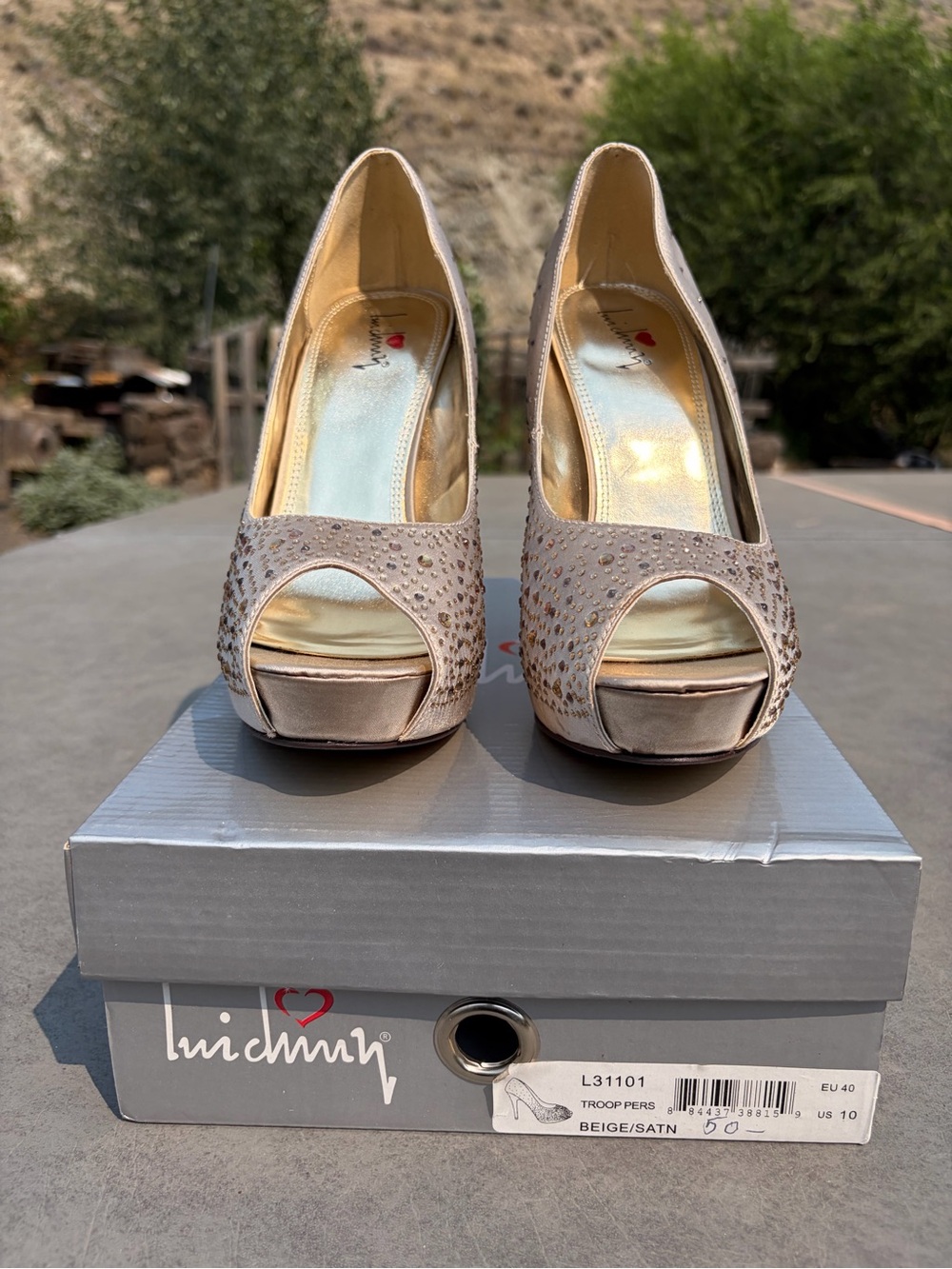 Luichiny Beige Satin Peep-Toe Heels with Crystal Accents